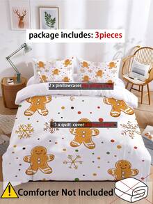 3pcs Christmas Cute Gingerbread People Pattern Print Duvet Cover Set (1*Duvet Cover + 2*Pillowcase, Without Core), Lighting Up The Colorful Atmosphere Of The Festival, Snowflakes And Colorful Dots Dance Together, Creating A Sweet Atmosphere, Christmas Theme, Winter Christmas, Soothing Visual Fatigue, Suitable For All Seasons, Suitable For Hotel, Bedroom, Guest Room And Dormitory Decoration Bedding