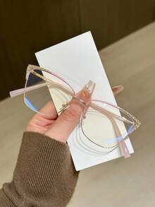 1pc Women's Metallic Cat Eye Rhinestone Studded Unique Design Shiny Aesthetic Glasses - Clear - View 12