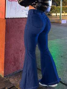 NVFelix 女士高腰修身喇叭牛仔裤，轻薄弹力面料，优雅时尚，Y2K户外休闲风，适合春夏穿着 - 深色水洗藍 - 查看 4