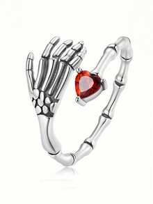 1 pieza Anillo de mano con gesto de corazón vintage, anillo sello unisex con combinación de mano de calavera, anillo personalizado único de alta gama