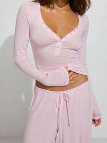 Women's Fall Pants Set Casual Solid Color Long Sleeve V Neck Slim Fit Tops With Wide Leg Pants 2 Pcs Outfits - Hồng - Xem 6