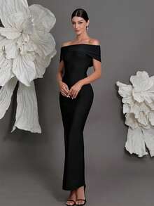 Off-Shoulder Bandage Knit Bodycon Dress, Luxury European Style, Slim Fit Pencil Dress For Family Gatherings, Parties, Banquets - Black - View 6