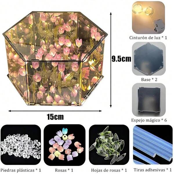 DIY octágono Lámpara de noche de tulipán,Lámpara Tulipánes con Espejo,Lámpara de noche decorativa de Led para dormitorio,30 flores Regalos de cumpleaños para mujer y niña (Octágono-Tulipanes morados)