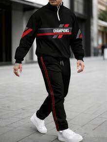 Men's Autumn/Winter New Fashion Versatile Casual Letter Zip-Up Sweatshirt And Pants Set - متعدد الألوان - مشاهدة 1
