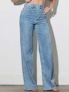 Women's High - Waisted Wide Leg Jeans, Vintage Washed Loose Denim Pants With Side Studs, Casual/Workwear - Rửa trung bình - Xem 4