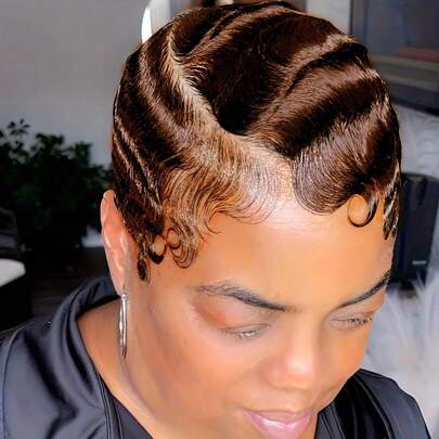 短款黑色 99j 4# Bob 精灵短发 13x4 蕾丝前发真人发假发手指波浪纹理自然造型短发假发