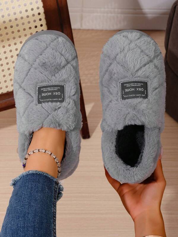 Women's Dark Grey New Fashion Comfortable Round Toe Backless Faux Thermal Lined Soft Plush Diamond Pattern Slippers, Casual Cute Style, Suitable For Autumn/Winter Indoor Leisure Slip-On House Slippers
