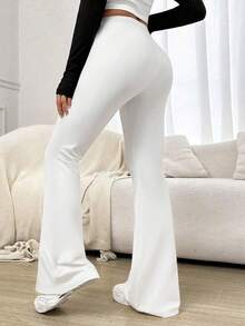 Pantalones deportivos y de yoga de cintura alta de unicolor con campana para mujeres de talla pequeña, mallas de compresión ajustadas para correr y hacer ejercicio - Blanco - Ver 5