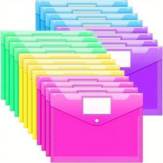 6/12pcs Plastic Envelopes, A4 Clear Document Folders With Label Pockets & Snap Button, File Management Tool For Documents & Stationery, 6 Colors