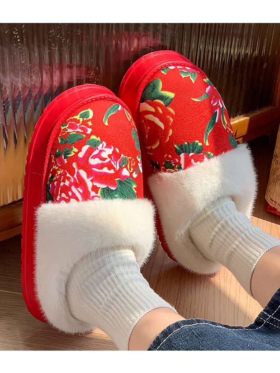 Women's Chinese Style Asymmetrical Embroidered Floral Thermal Lined Warm House Slippers - Red - View 1