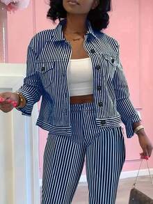Women's Casual Striped 2 Pieces Set, Including Collared Long Sleeve Shirt And Pants