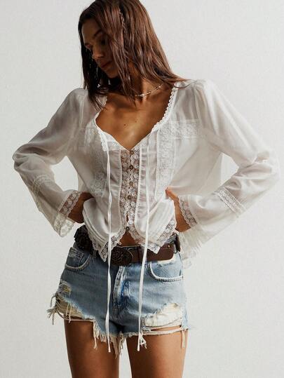 Rusttydustty レディース リボン前開き ブラウス、長袖 レーストリム ボタンダウン オーバーサイズ フローイング ボヘミアン ラッフルシャツ、カジュアル ビーチウェア トップス 夏休み