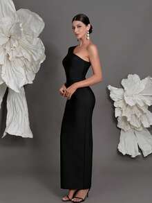 Spaghetti Strap Bandage Bodycon Dress, Sexy Open Slit Luxury Party Gown For Women, European And American Fashion, Elegant - Black - View 6