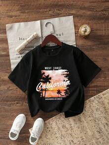 青少女休閒趣味印花圓領套頭短袖T恤夏季上衣 - 黑色 - 查看 1