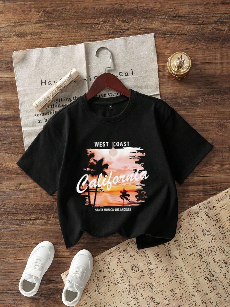 青少女休閒趣味印花圓領套頭短袖T恤夏季上衣 - 黑色 - 查看 1