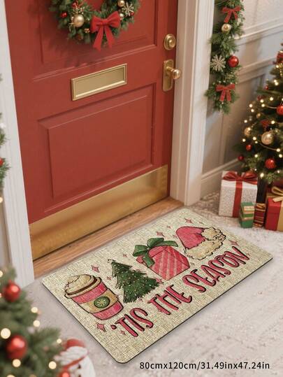 1pc Pink & Burgundy Doormat, Holiday Entryway Decor With "Tis The Season" Text, Gingerbread Latte Cup, Gift Box And Tree - Soft Floor Mat For Front Door, Living Room, Kitchen - Christmas Home Decor In Red, Green, Beige And Pink, Throw Blanket, Couch Blanket, Indoor Entrance Mat