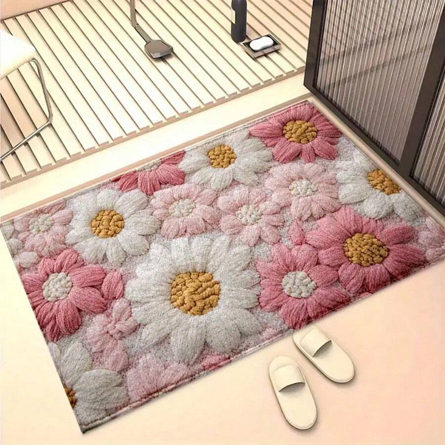 1 件装 2D 立体花卉图案超细纤维浴室地垫，防滑超柔软，可作浴室地垫、门垫、吸水垫，机洗，低绒毛，TPR 背衬，针织面料，适用于浴室、卧室、厨房、玄关等室内外场所，浴室配件及装饰，完美乔迁新居礼物 - 彩色 - 查看 1