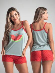 Women's Silk Print Short Doll Pajamas With Comfortable Straps - 薄荷綠 - 查看 7