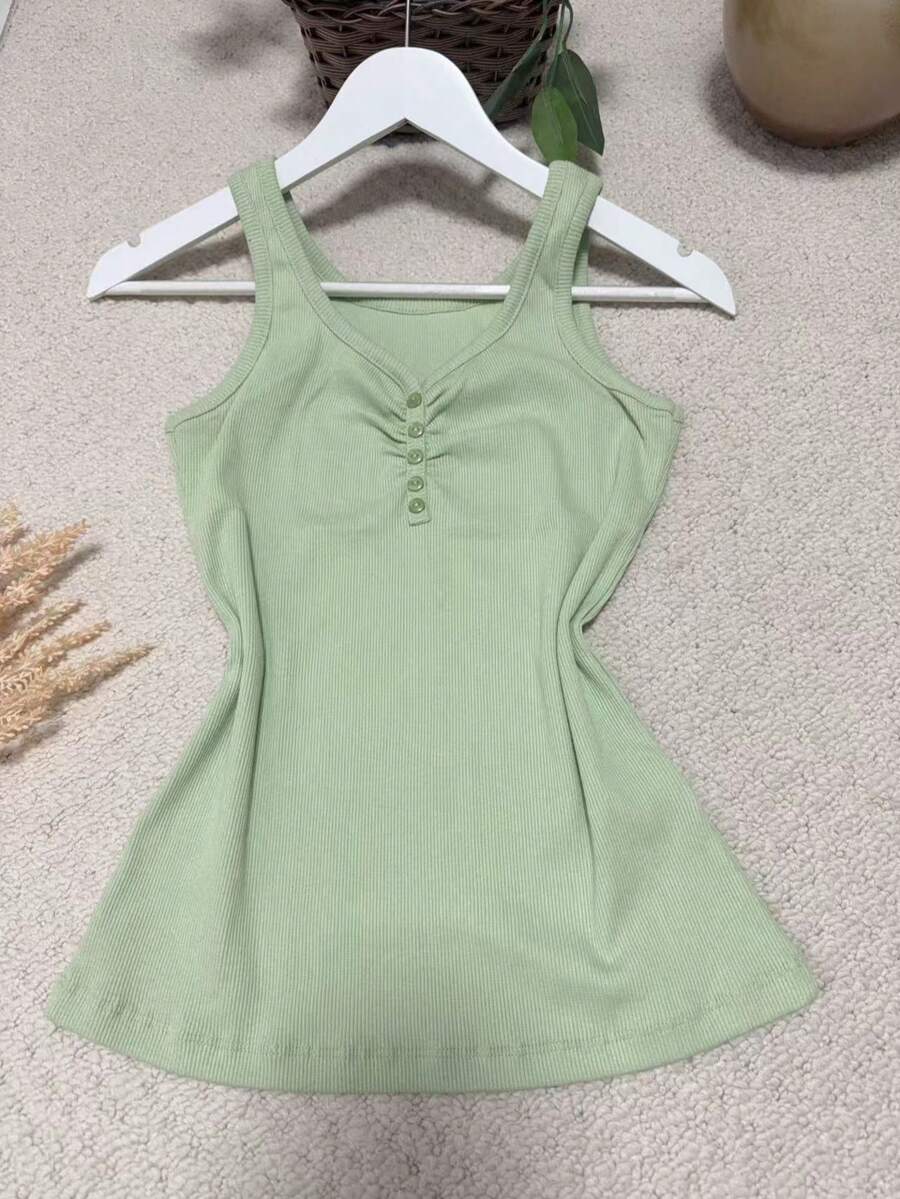 Pure Cotton Tank Top With Ribbed Shape In The Middle, Knitted Fabric With Buttons - Mint Green - View 1