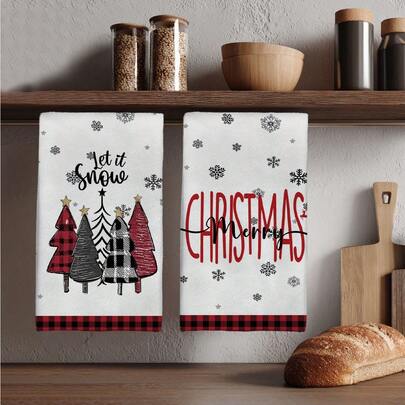 MEMNUN 2 件圣诞快乐红色和黑色格子雪花和圣诞树印花超细纤维柔软吸水厨房毛巾、洗碗巾、手巾、洗碗布、圣诞装饰、家居装饰、厨房装饰、烹饪烘焙茶巾、清洁用品，适用于餐厅、厨房、圣诞节装饰和送礼，所有季节