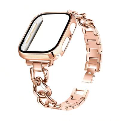 玫瑰金空心链手链腕带金属表带和玫瑰金保护壳带屏幕保护膜，防尘、防震、防刮，兼容 Ultra 3/2/1、SE、S10/S9/S8/S7/S6/S5/S4/S3/S2/S1，38mm/40mm/41mm/42mm/44mm/45mm/46mm/49mm，送给男朋友/女朋友的时尚优雅礼物