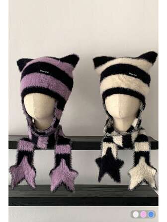 Färgblocksrandig stickad mössa med kattöron, söt och mångsidig, fluffig och varm öronmössa för höst/vinter, Y2K FasTrend