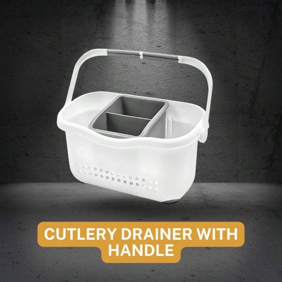 Sink Caddy Organiser Sponge Holder Cutlery Drainer With Handle Kitchen Utensil Rack Accessory Compartment Decor Plastic - White/Grey - View 1