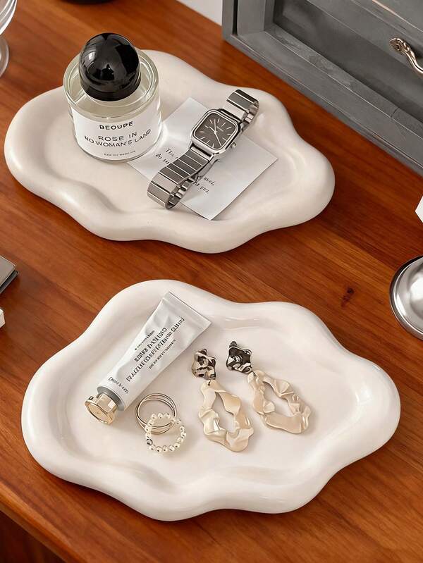 2pcs/1pc 7.68x5.32 Inch Asymmetrical Cloud-Shaped Ceramic Jewelry Tray, Nordic Style Jewelry Storage Dish, Decorative Plate For Jewelry Collection, Jewelry Display, Suitable For Birthday, Mother's Day, Christmas, Halloween, St. Patrick's Day, Thanksgiving, Back To School, Valentine's Day, Teacher's Day Gifts For Women