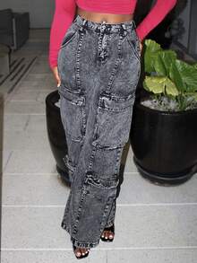 Steph T Quần jeans ống rộng cotton rộng thùng thình cho nữ, thiết kế gợi cảm, quần cargo cho nữ, quần hồng nóng bỏng, quần dạ hội, quần jeans rộng thùng thình, quần jeans nữ rộng thùng thình, quần jeans cạp trễ - Màu xám đen - Xem 6