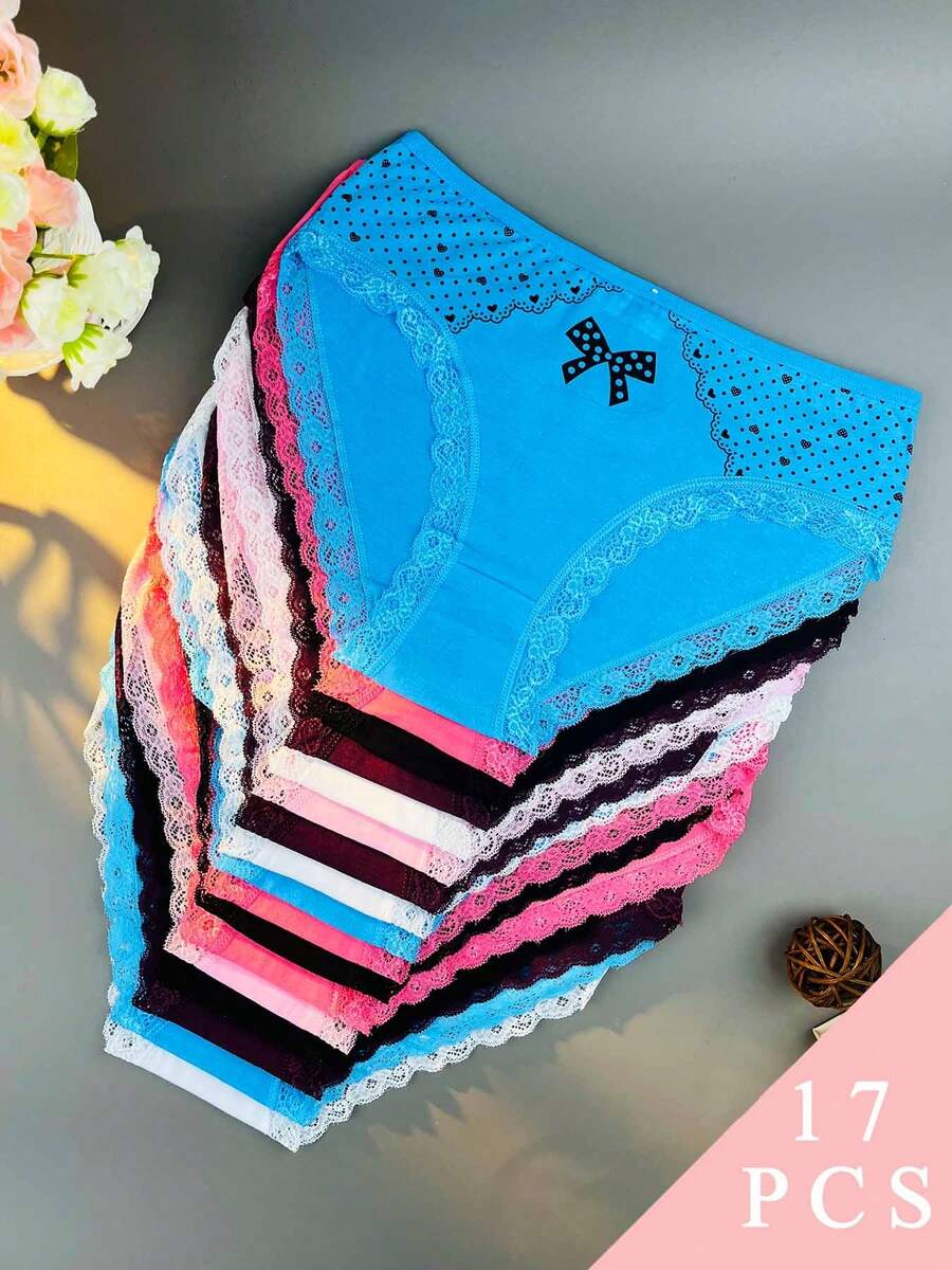 17Pcs Plus-Size Women'S Mid-Rise Butterfly Print Panties - Breathable High-Elasticity Fabric, Comfortable & Stylish For Casual & Wear, Elegant Design, Butterfly Lingerie, Stretchy Fabric Valentine's Day Christmas Halloween Gifts (6 Colors Random Delivery) - 彩色 - 查看 1