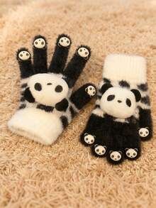 Panda-Themed Plush Winter Gloves - Convertible Knit Flip Top, Spandex And Polyester, Hand Washable - Cozy Cold Weather Mittens With Cartoon Animal Design - White And Black Summer - Multicolor - View 3
