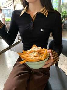 Women's Polo Collar 2 In 1 Plaid Patchwork Long Sleeve T-Shirt, Stylish And Slimming Design