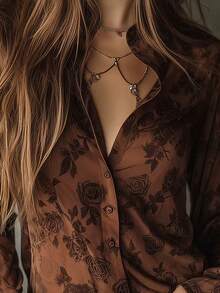 Women's Regular Length Brown Floral Print Button Front Shirt, Long Sleeve Classic Collar Spring - Mocha Brown - View 4