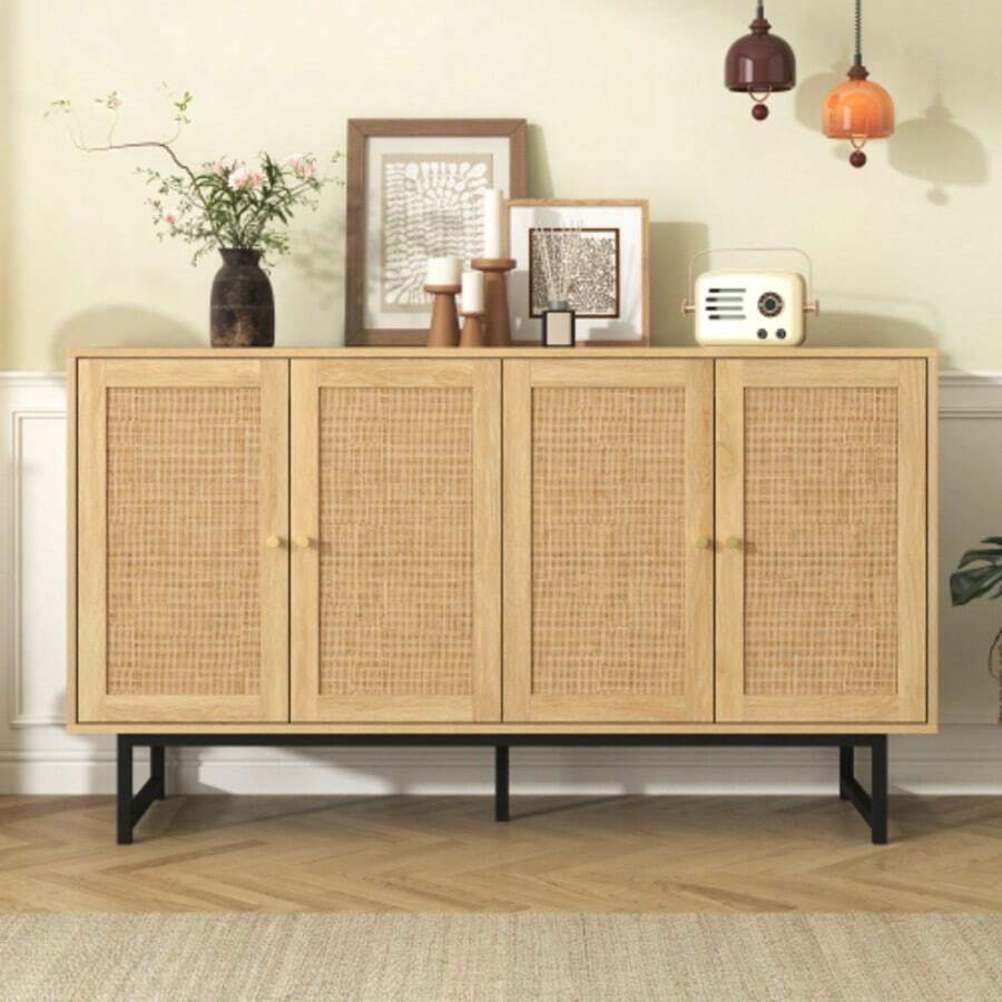 Sideboard 140x39.5x80 Cm With Echtem Rattangeflecht, 4 Türen - Yellow - View 1