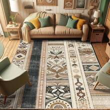 Retro Mid Century Abstract Pattern Rug On Ivory Background, Dark Orange And Reseda Green, 4' X 5' 5", Ideal For Bedroom, Dorm And Living Room - 黑色 棕色 灰色 - 查看 5