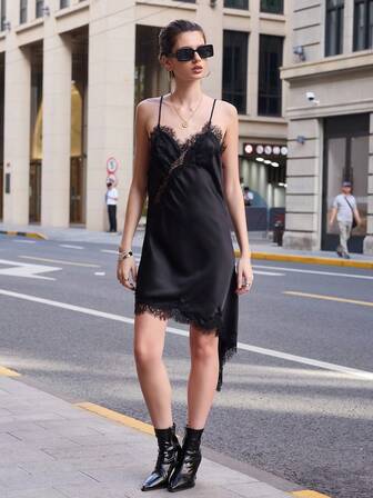 Women's Autumn Versatile Spaghetti Strap Sexy V-Neck Open Slit Satin Lace Asymmetric Hem Dress