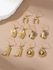 Set de 10 piezas de pendientes de estilo vaquero occidental de metal a la moda, con elementos de sombrero y bota - color dorado antiguo - Ver 3