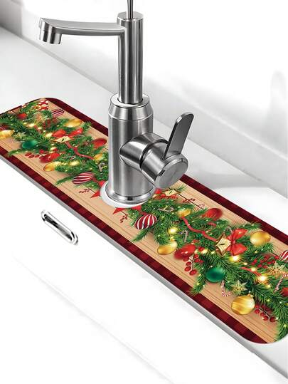 Almofada absorvente de torneira de terra diatomácea de secagem rápida, almofada absorvente de torneira de terra diatomácea com padrão de elementos natalinos, almofada à prova de respingos de pia de cozinha não elétrica de secagem rápida, adequada para uso em banheiros e cozinhas, almofada de respingos para pias grandes, almofada de proteção para bancadas de banheiro, tapete de drenagem de cozinha, decorações de Natal