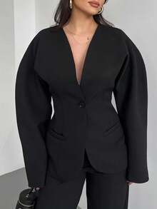 Bộ đồ nữ 2 mảnh màu trơn, thanh lịch, có túi trước và cài cúc, thích hợp mặc công sở mùa xuân/thu. - màu đen - Xem 1