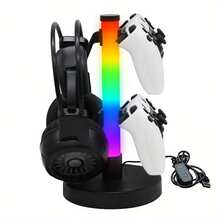 Gaming Headset/Controller Desktop Stand With USB Charging, RGB Light Effects, Microphone Function & Ambient Lights – Ideal For All Gaming Accessories And Perfect As A Thoughtful Present, Desktop Organizer, Gaming Setup, Sleek Design, Modern Gaming Gear, Durable Stand, Highquality Build, Controller Holder, Gamers Gift, Tech Lovers - 黑色 - 查看 3