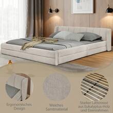 Łóżko podwójne 160*200 cm, tkanina szenilowa, wygodne oparcie, solidna konstrukcja z eukaliptusa i żelaza, łatwy montaż, kolor ciemnoszary (bez materaca) - Beżowy+Szenilowy+160cm*200cm - Zobacz 2