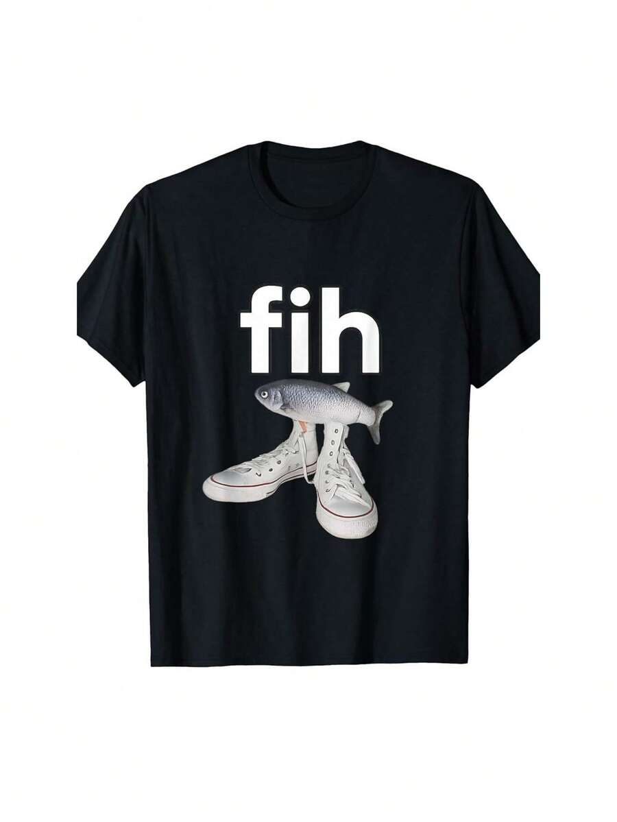 T-Shirt Fih Shoes Fish Meme - Impression De Poisson Mal Orthographiee Drôle, T-Shirt Col Rond Noir Decontracte Pour Hommes Et Femmes, Parfait Pour Une Tenue Decontractee, T-Shirt Humoristique | Design Ludique | Vêtements Decontractes Durables - Black - View 1