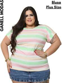Blusa Listrada Feminina Manga Japonesa Plus Size Elegante Confortável - Verde Menta/Amarelo/Rosa - Visão 2