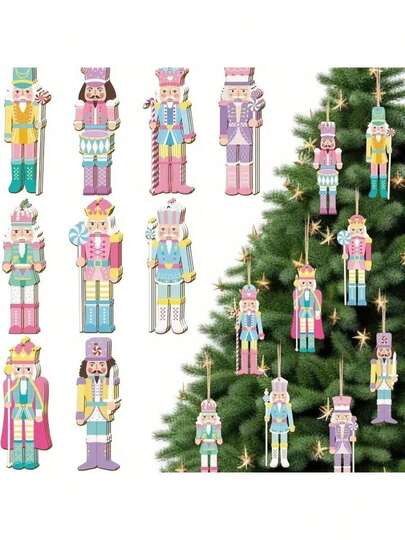24pcs 10cm/3.9in Wooden Nutcracker Soldier Christmas Ornaments, Holiday Home Decor, Party Supplies, Gift Christmas Decorations Winter Room Decor