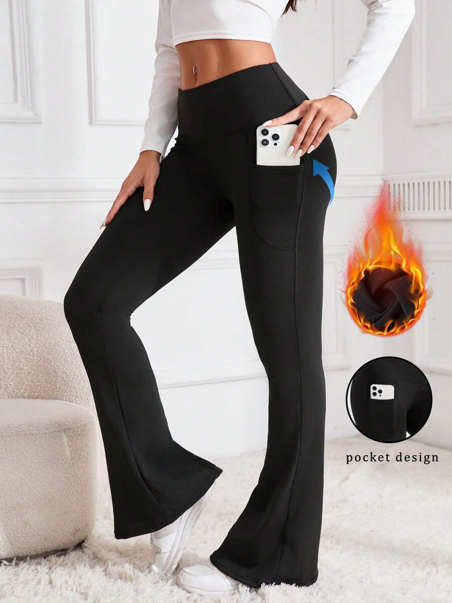 Pantalones de pierna acampanada con control de abdomen y bolsillos para mujer - Forro polar cálido, elástico cómodo, que estiliza la figura, para usar desde el entrenamiento hasta el trabajo, con estilo casual (otoño e invierno)