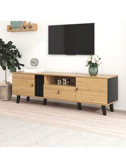 Stylish Elegance: 170cm TV Cabinet Wood Zwart Furniture, Lowboard Drawers, Diverse Storage Functions, Unique Appearance. view 3