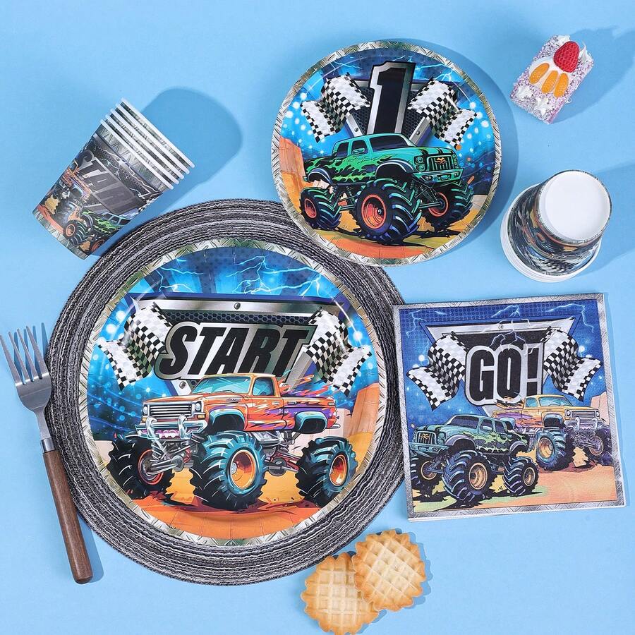 10/20/50 piezas, Juego de vajilla de cumpleaños de Monster Truck que incluye platos de papel, vasos y servilletas, platos desechables redondos de coches todoterreno, vajilla desechable de coches de carreras, platos con tema de camiones para fiestas de niños, pañuelos, vasos para decoraciones y suministros de fiestas de coches para niños
