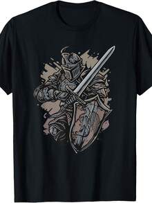Medieval Knight Armor Sword Shield Dragon Vintage Graphic T-Shirt - 款式13 - 查看 1