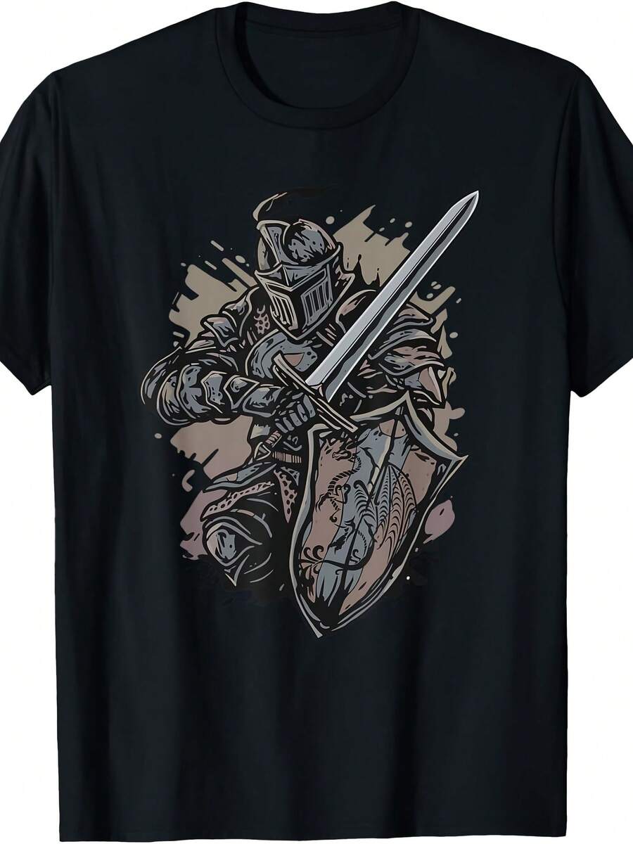 Medieval Knight Armor Sword Shield Dragon Vintage Graphic T-Shirt - 款式13 - 查看 1