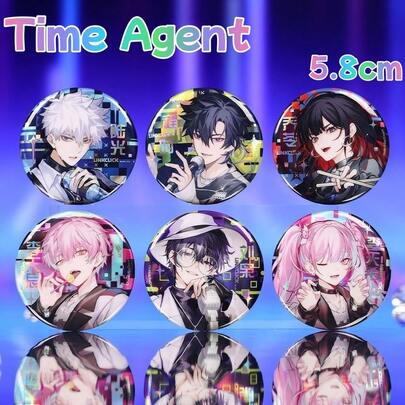 1pc "Time Agent" Double Flash Badge, Plain Laser Silver Onion PET Material, 5.8cm Standard Size, Colorful 2D Peripheral Style, Suitable For Bag Decoration, Anime Exhibitions, Fan Collection, Character Support